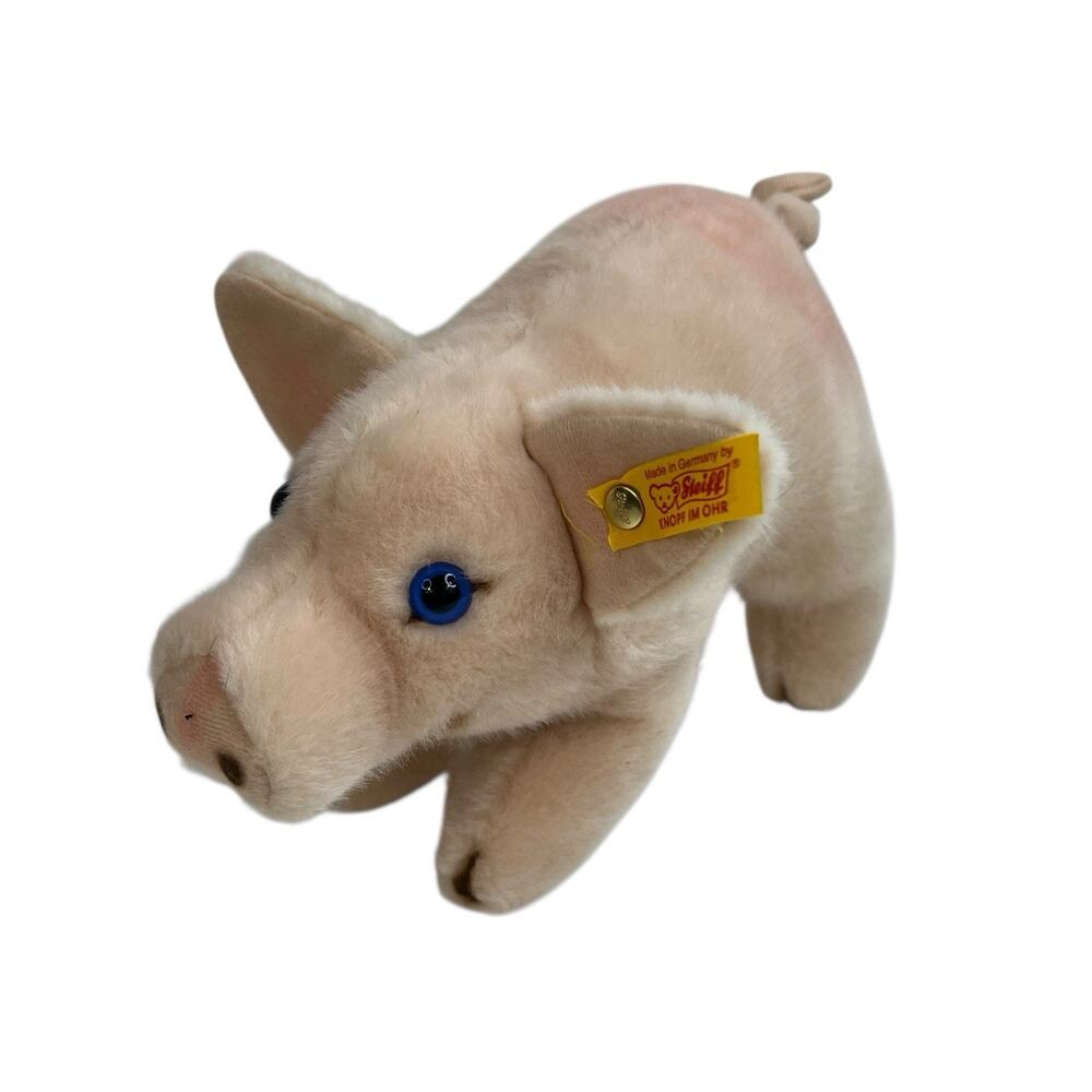 Vintage Steiff Plush Pig Piggy Tag Germany Stuffed Animal Pink Blue Eyes 10 Inch